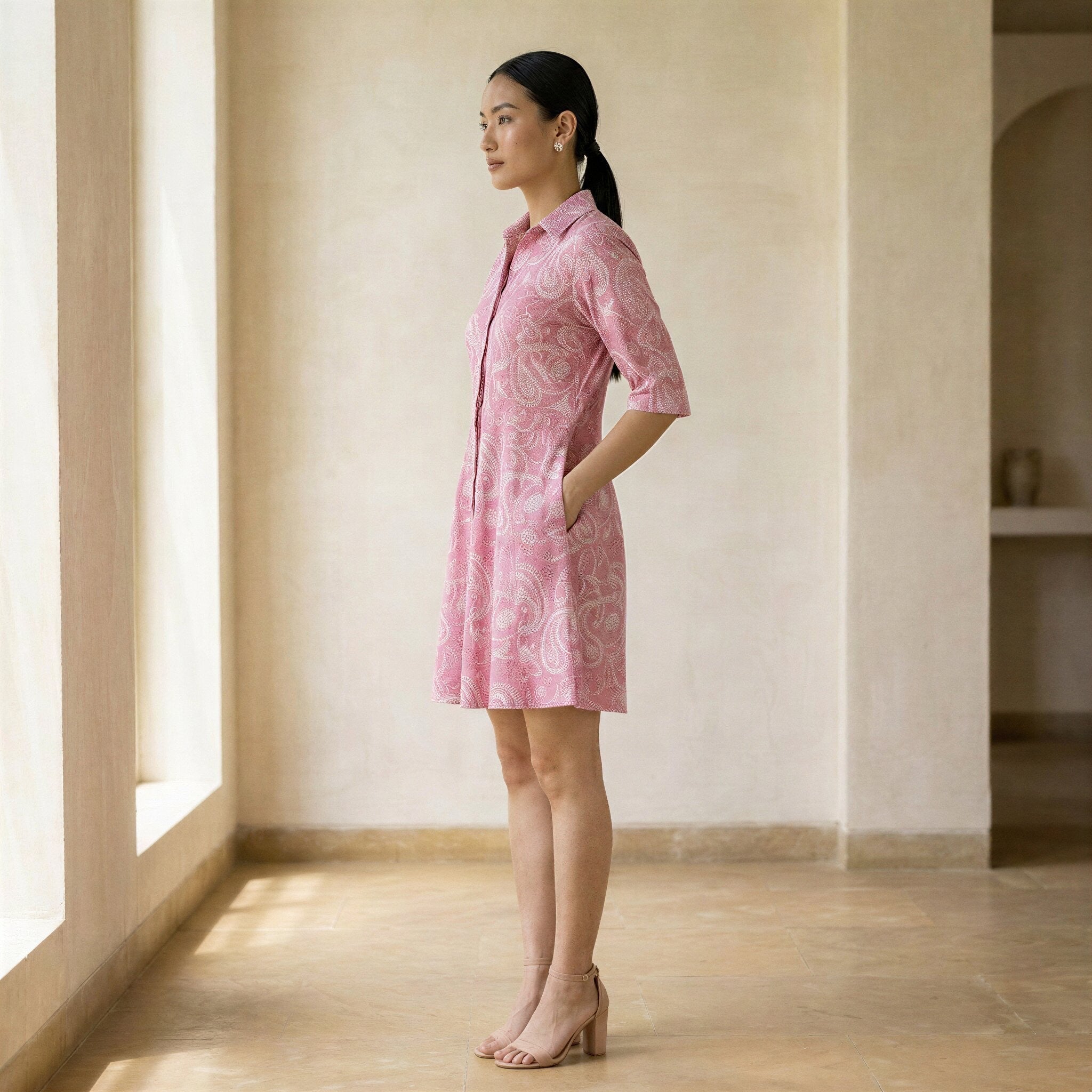 Pink Paisley Floral Block Print Cotton Fit and Flare Button-Down Short Shirt Dress