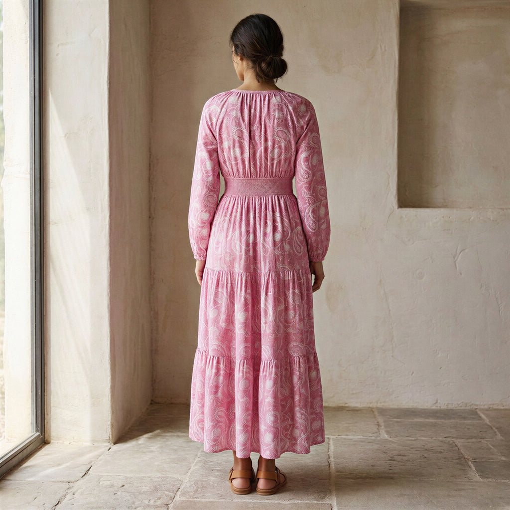 Pink Paisley Floral Block Print Cotton Fit and Flare Maxi Tier Dress