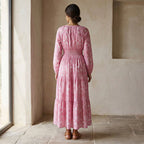 Pink Paisley Floral Block Print Cotton Fit and Flare Maxi Tier Dress