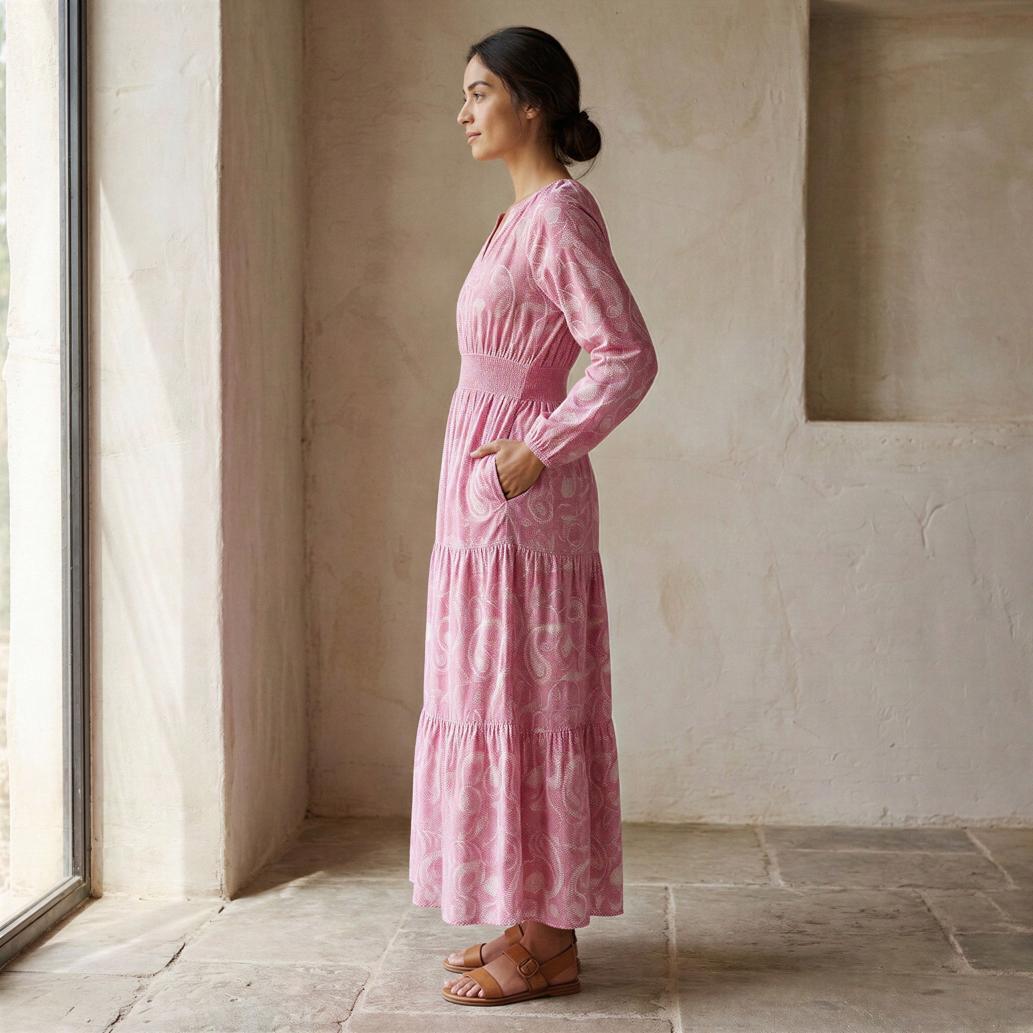 Pink Paisley Floral Block Print Cotton Fit and Flare Maxi Tier Dress