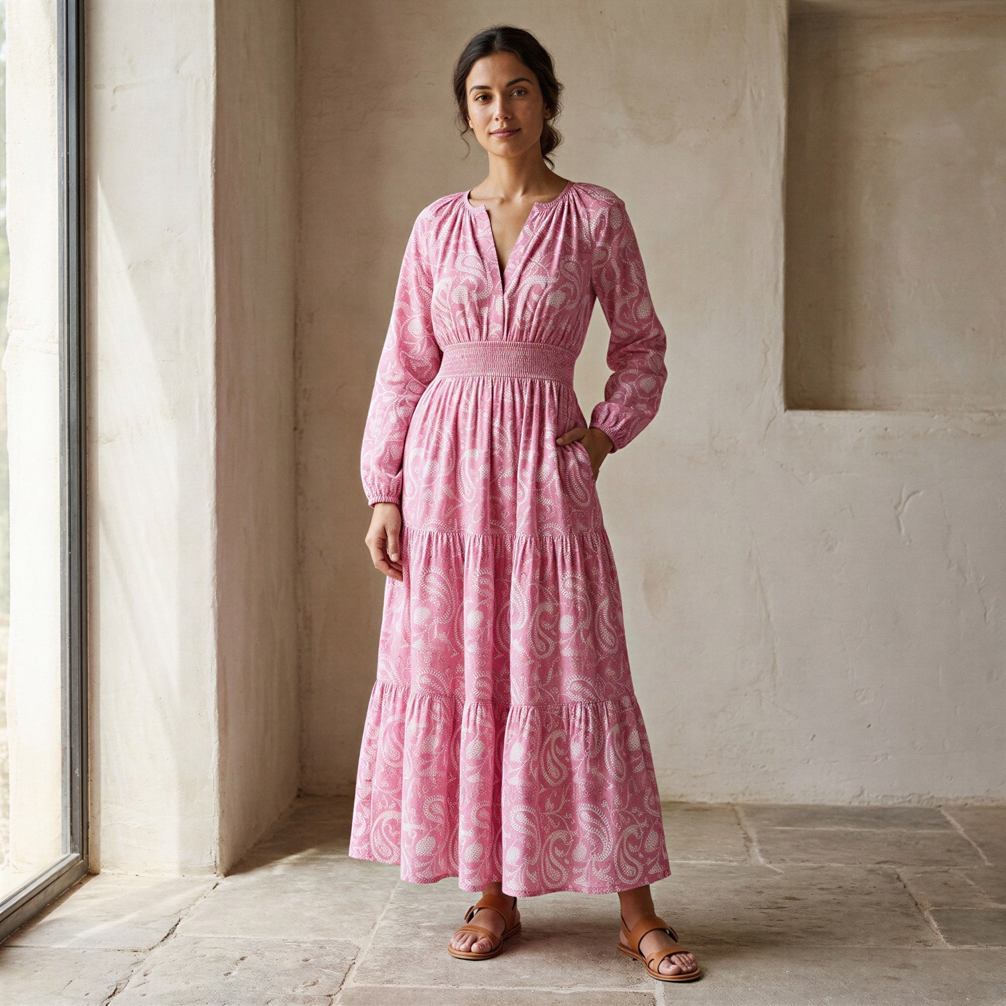 Pink Paisley Floral Block Print Cotton Fit and Flare Maxi Tier Dress