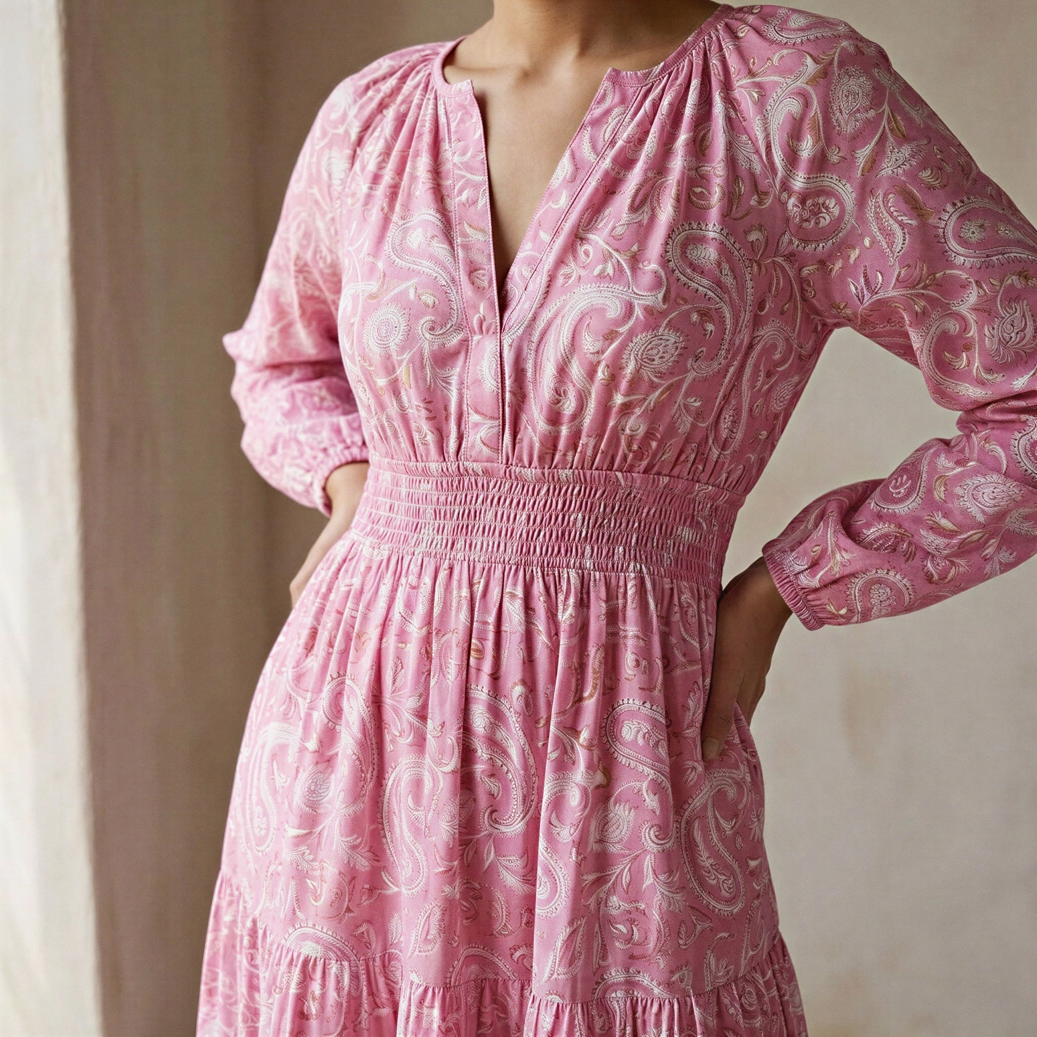 Pink Paisley Floral Block Print Cotton Fit and Flare Maxi Tier Dress
