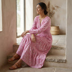 Pink Paisley Floral Block Print Cotton Fit and Flare Maxi Tier Dress