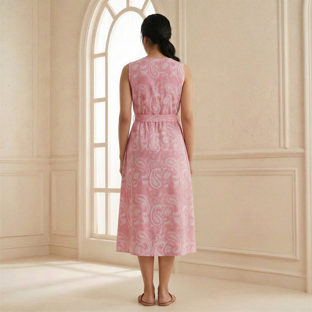 Pink Paisley Floral Block Print Cotton Fit and Flare Sleeveless Dress