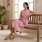 Pink Paisley Floral Block Print Cotton Fit and Flare Sleeveless Dress