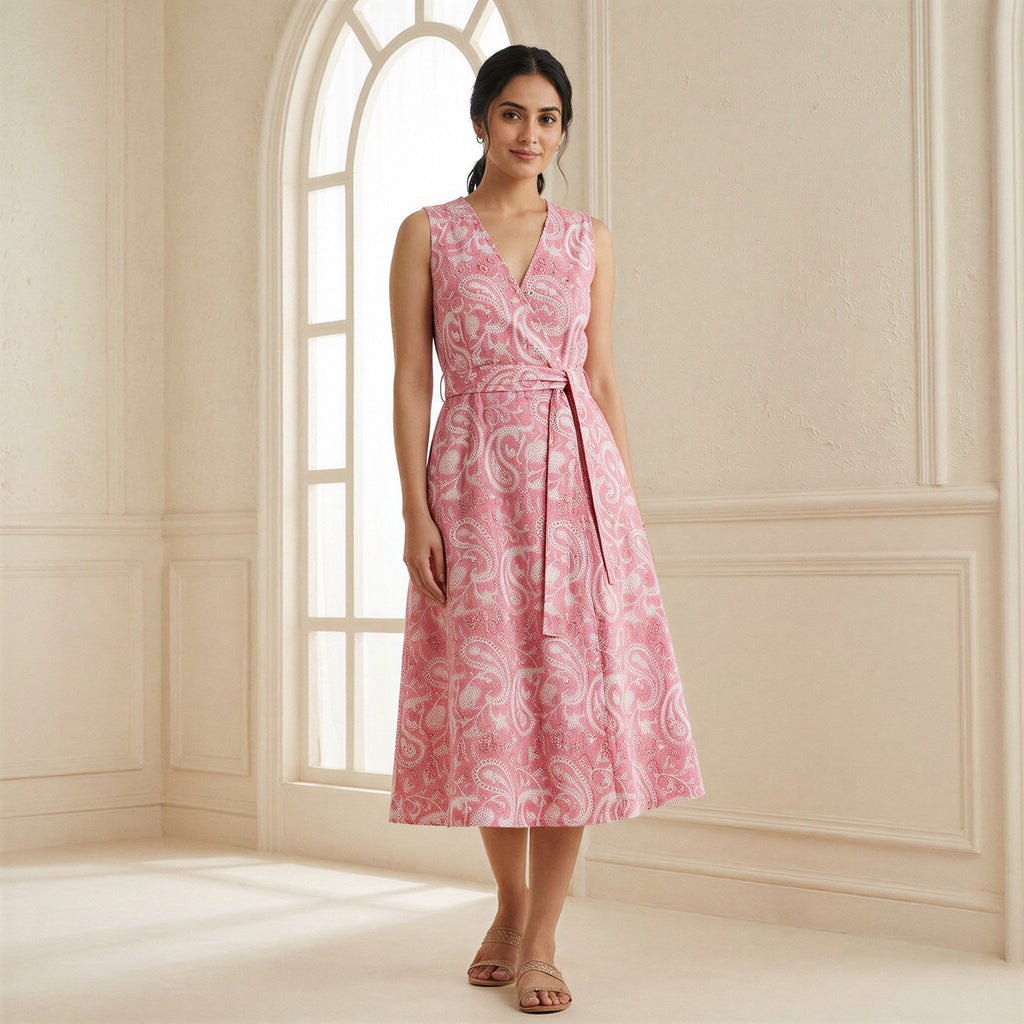 Pink Paisley Floral Block Print Cotton Fit and Flare Sleeveless Dress