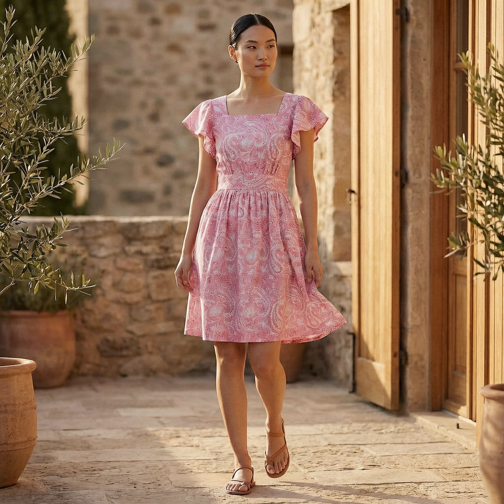 Pink Paisley Floral Block Print Cotton Open-Back Fit and Flare Knee Length Dress