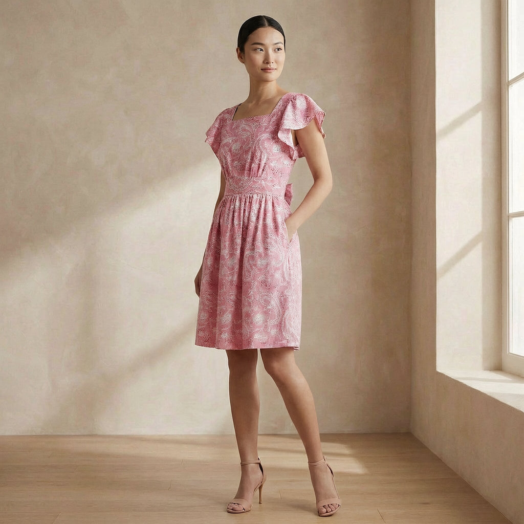 Pink Paisley Floral Block Print Cotton Open-Back Fit and Flare Knee Length Dress
