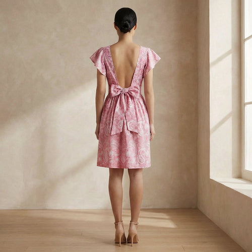 Pink Paisley Floral Block Print Cotton Open-Back Fit and Flare Knee Length Dress