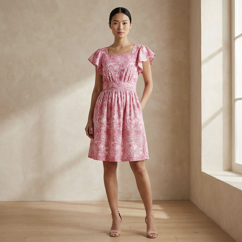 Pink Paisley Floral Block Print Cotton Open-Back Fit and Flare Knee Length Dress