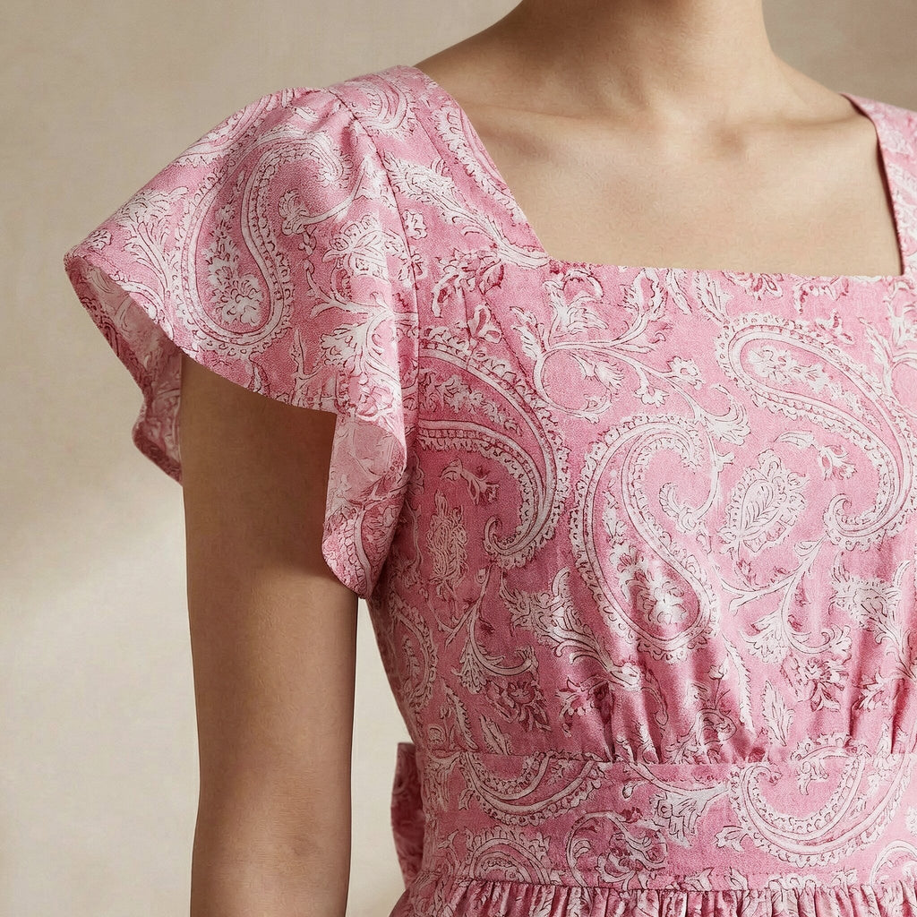 Pink Paisley Floral Block Print Cotton Open-Back Fit and Flare Knee Length Dress