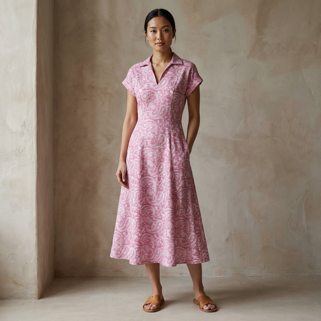 Pink Paisley Floral Block Print Cotton Paneled A-Line Midi Dress