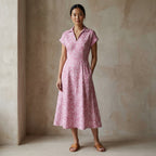 Pink Paisley Floral Block Print Cotton Paneled A-Line Midi Dress