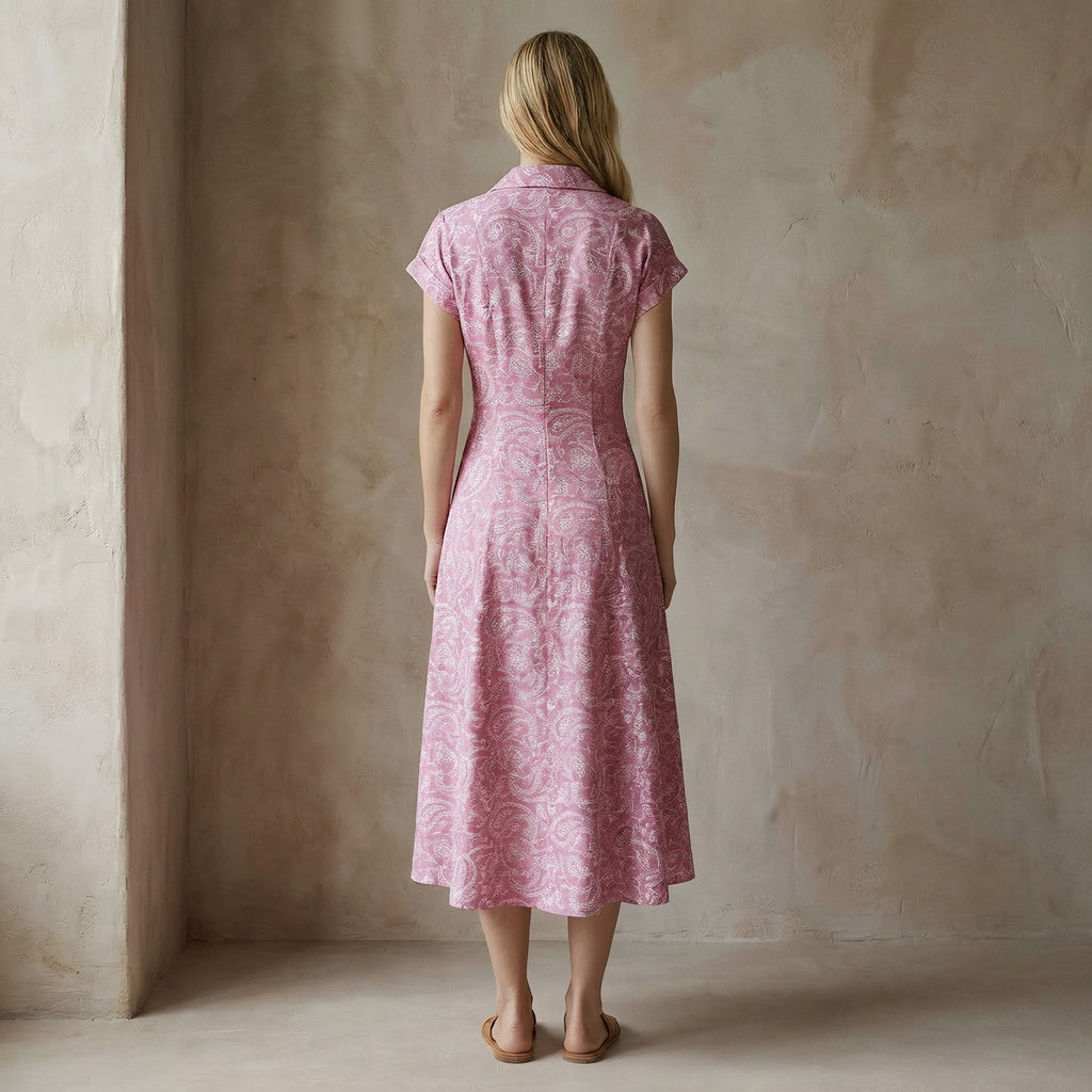 Pink Paisley Floral Block Print Cotton Paneled A-Line Midi Dress