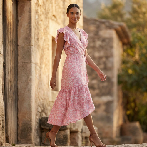 Pink Paisley Floral Block Print Cotton Ruffle Midi Wrap Dress