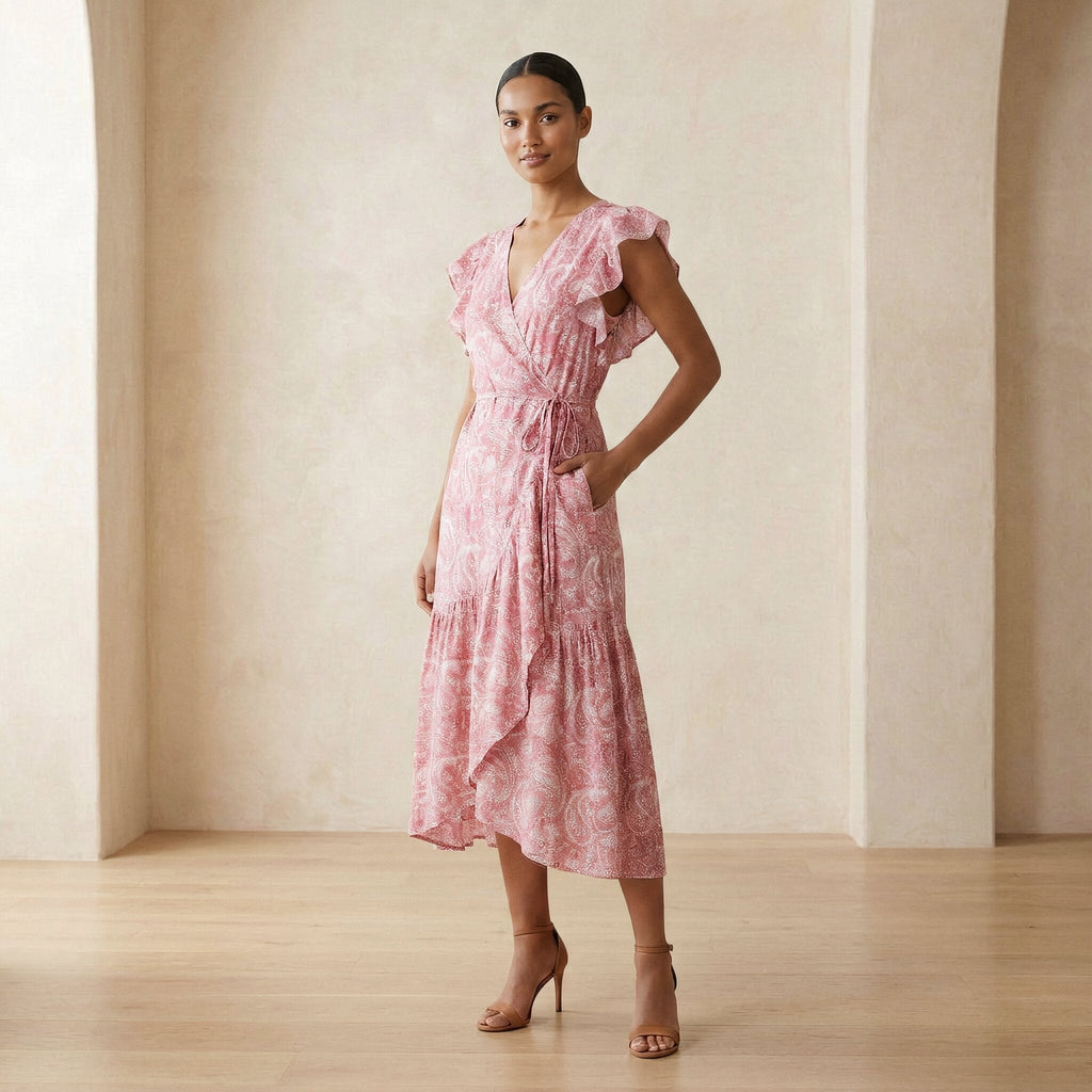 Pink Paisley Floral Block Print Cotton Ruffle Midi Wrap Dress