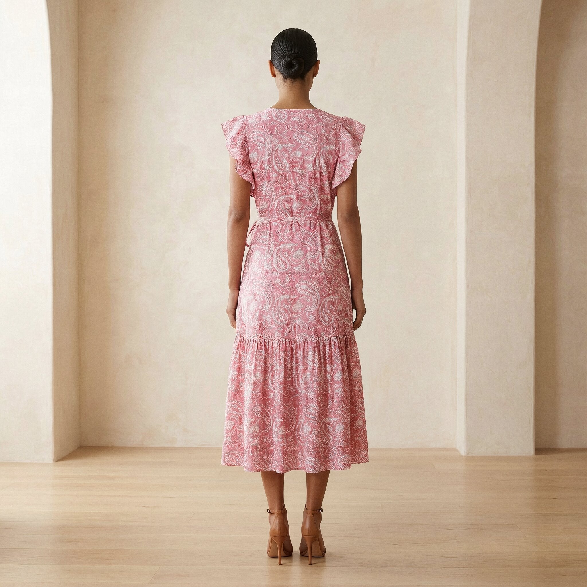Pink Paisley Floral Block Print Cotton Ruffle Midi Wrap Dress