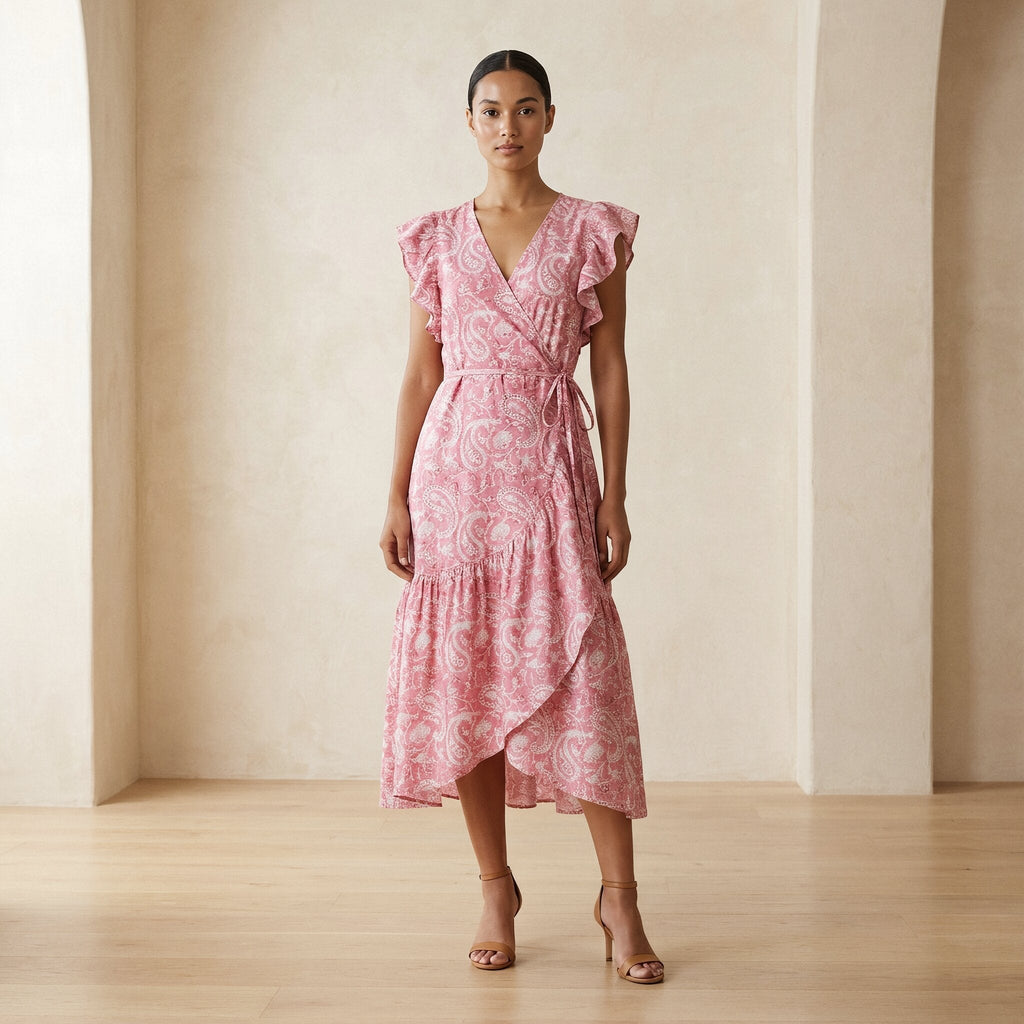 Pink Paisley Floral Block Print Cotton Ruffle Midi Wrap Dress