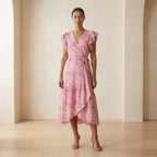 Pink Paisley Floral Block Print Cotton Ruffle Midi Wrap Dress