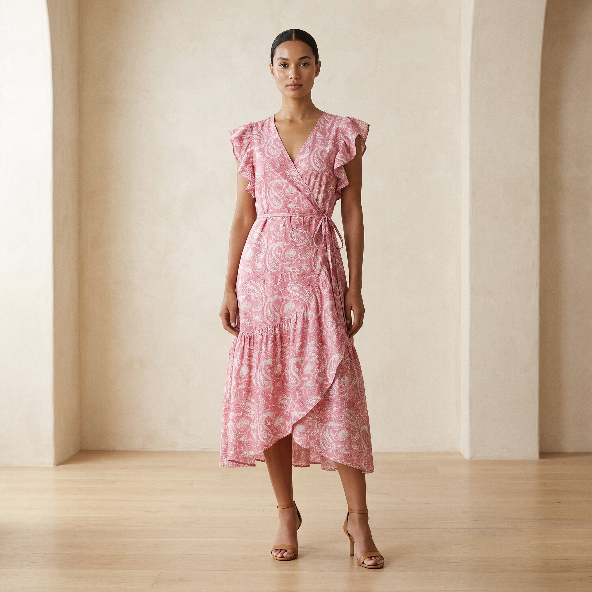 Pink Paisley Floral Block Print Cotton Ruffle Midi Wrap Dress