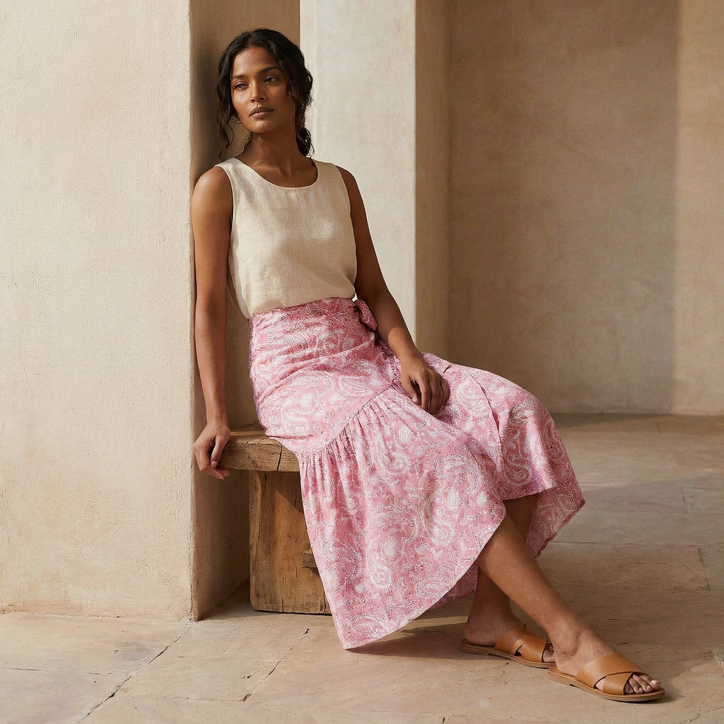 Pink Paisley Floral Block Print Cotton Ruffle Midi Wrap Skirt