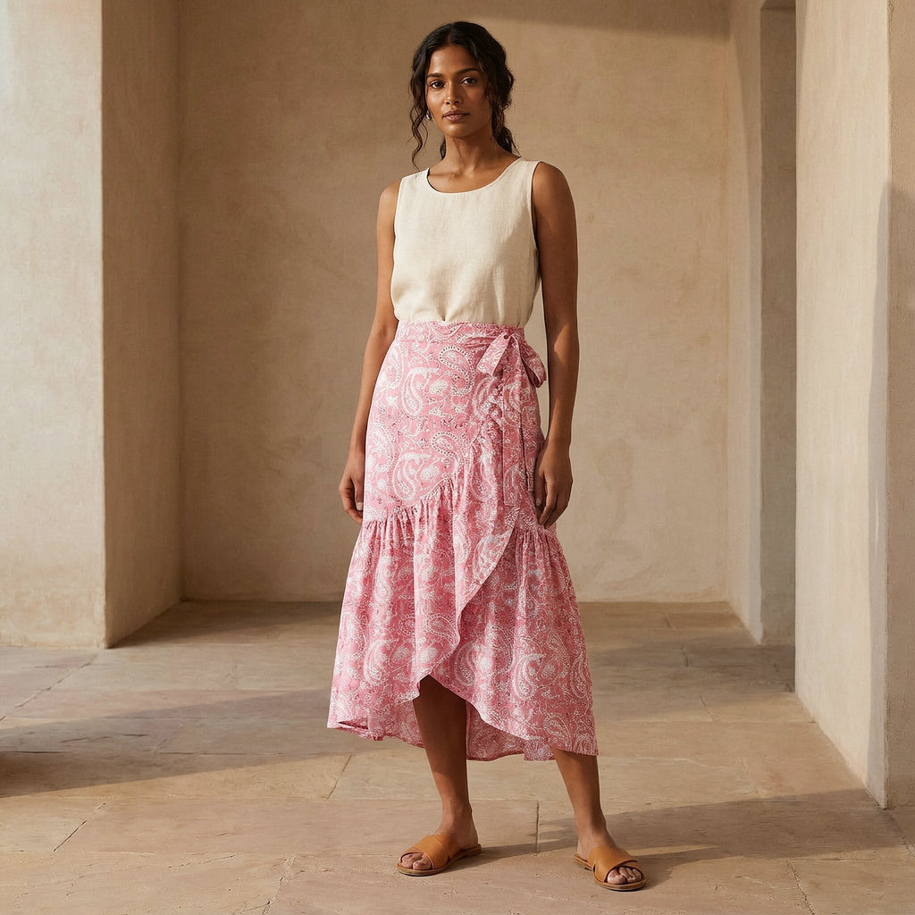 Pink Paisley Floral Block Print Cotton Ruffle Midi Wrap Skirt