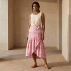 Pink Paisley Floral Block Print Cotton Ruffle Midi Wrap Skirt