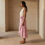 Pink Paisley Floral Block Print Cotton Ruffle Midi Wrap Skirt