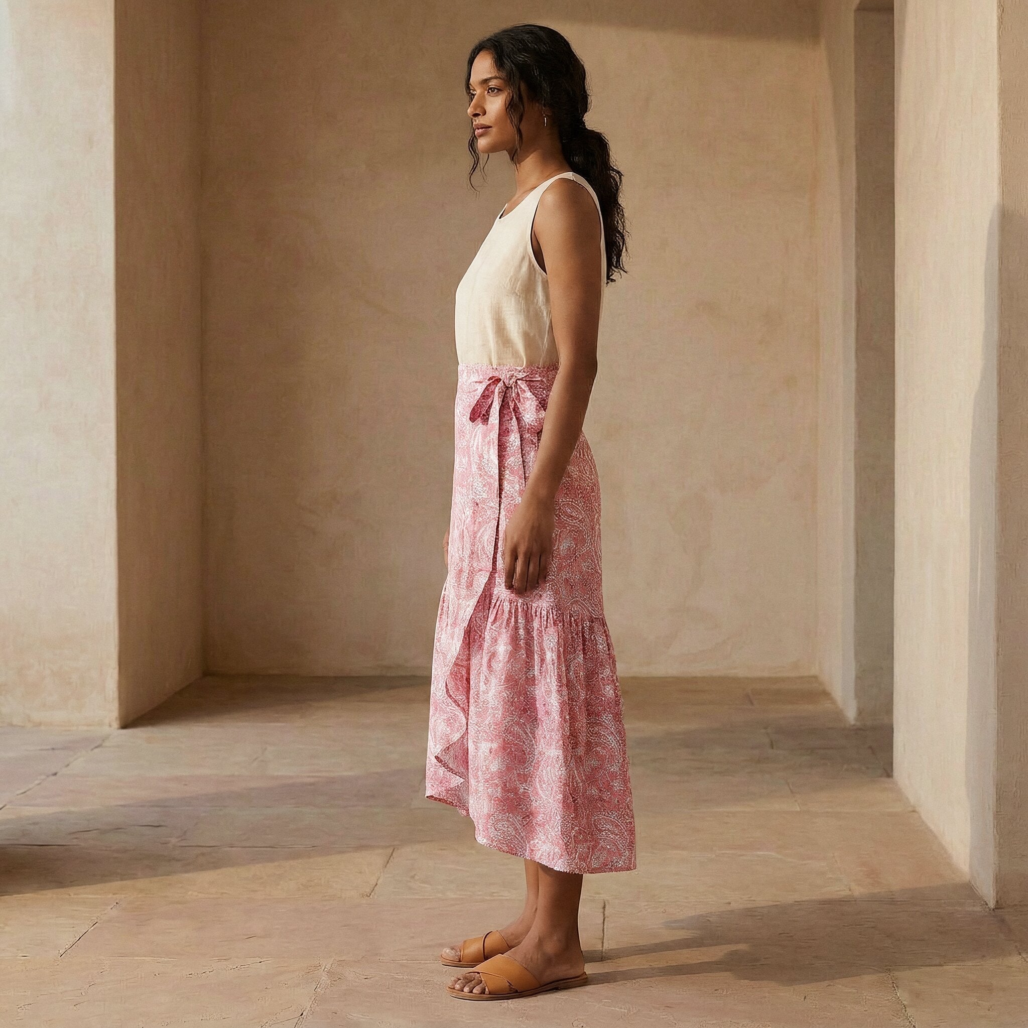 Pink Paisley Floral Block Print Cotton Ruffle Midi Wrap Skirt