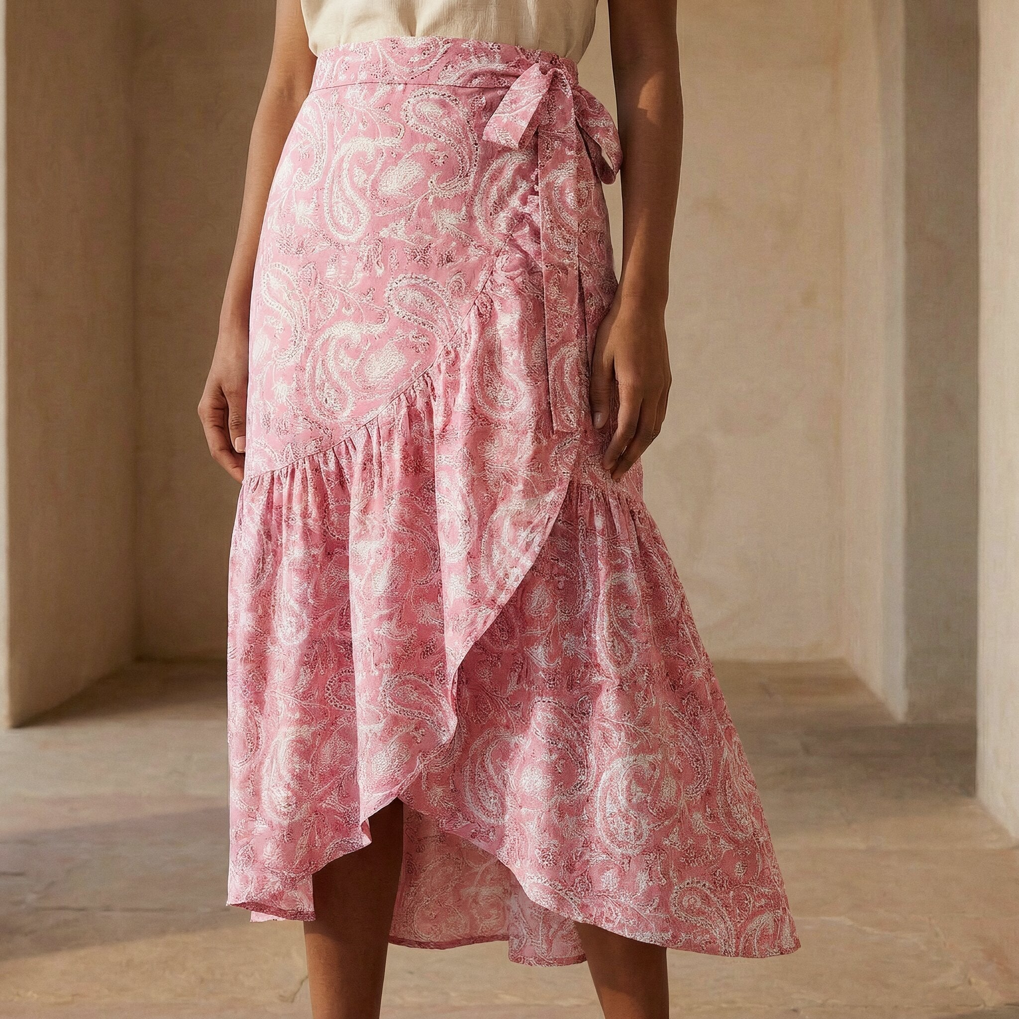 Pink Paisley Floral Block Print Cotton Ruffle Midi Wrap Skirt