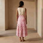 Pink Paisley Floral Block Print Cotton Ruffle Midi Wrap Skirt