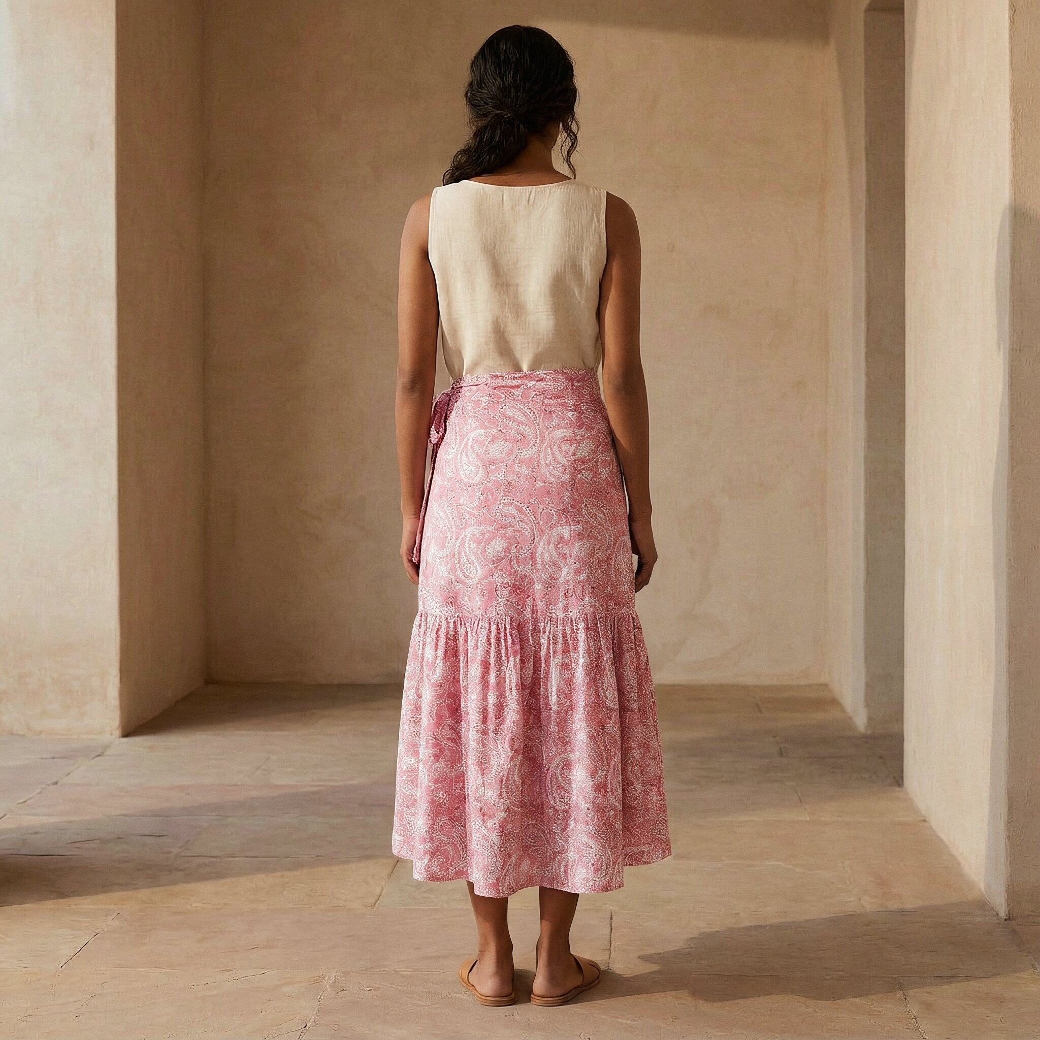 Pink Paisley Floral Block Print Cotton Ruffle Midi Wrap Skirt