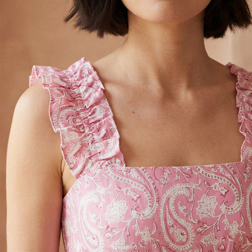 Pink Paisley Floral Block Print Cotton Ruffle-Strap Square Neck Peplum Top