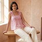 Pink Paisley Floral Block Print Cotton Ruffle-Strap Square Neck Peplum Top