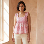 Pink Paisley Floral Block Print Cotton Ruffle-Strap Square Neck Peplum Top