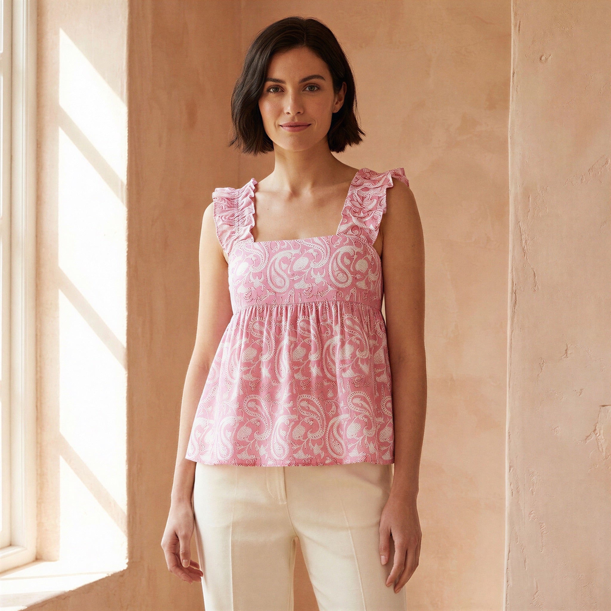 Pink Paisley Floral Block Print Cotton Ruffle-Strap Square Neck Peplum Top