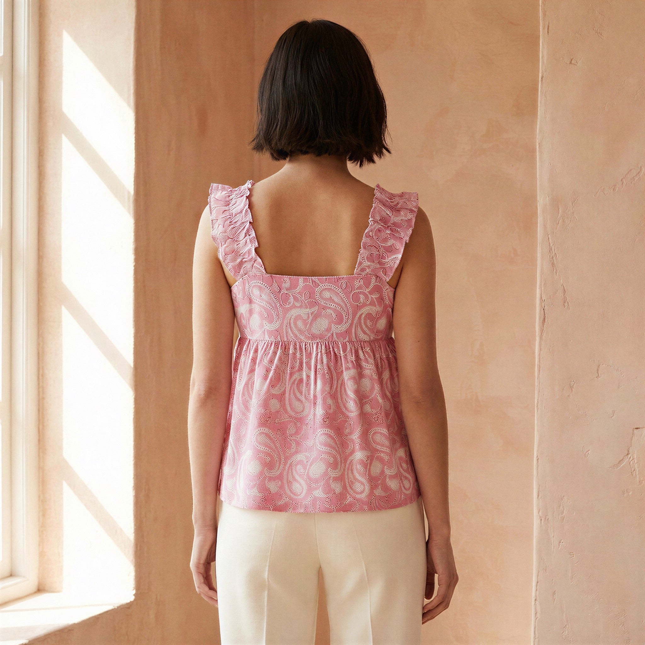 Pink Paisley Floral Block Print Cotton Ruffle-Strap Square Neck Peplum Top