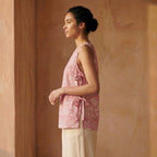 Pink Paisley Floral Block Print Cotton Sleeveless Side-Tie Long Top