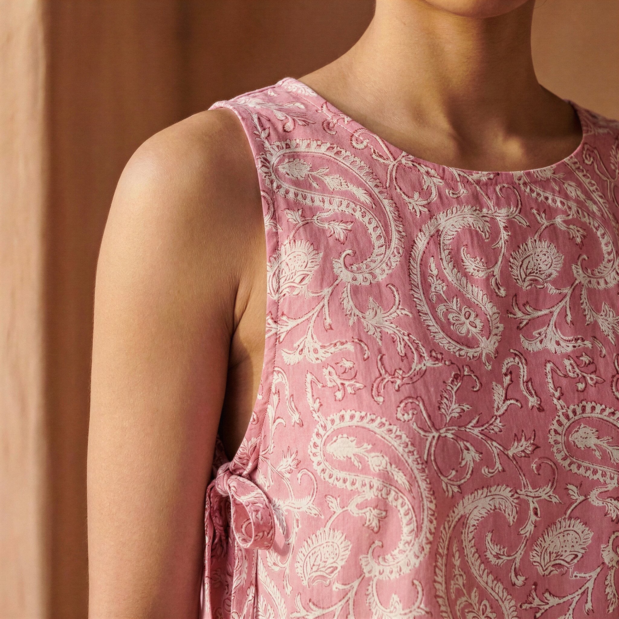 Pink Paisley Floral Block Print Cotton Sleeveless Side-Tie Long Top