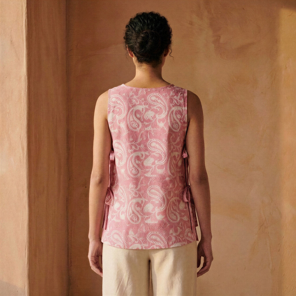 Pink Paisley Floral Block Print Cotton Sleeveless Side-Tie Long Top