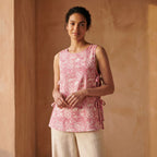 Pink Paisley Floral Block Print Cotton Sleeveless Side-Tie Long Top