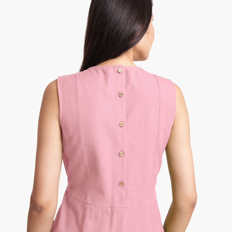 Back View of a Model wearing Pink Patch Pocket Round Neck Dress