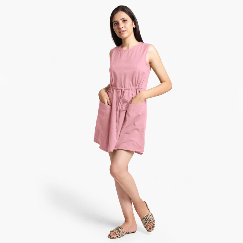 Front View of a Model wearing Pink Patch Pocket Round Neck Dress