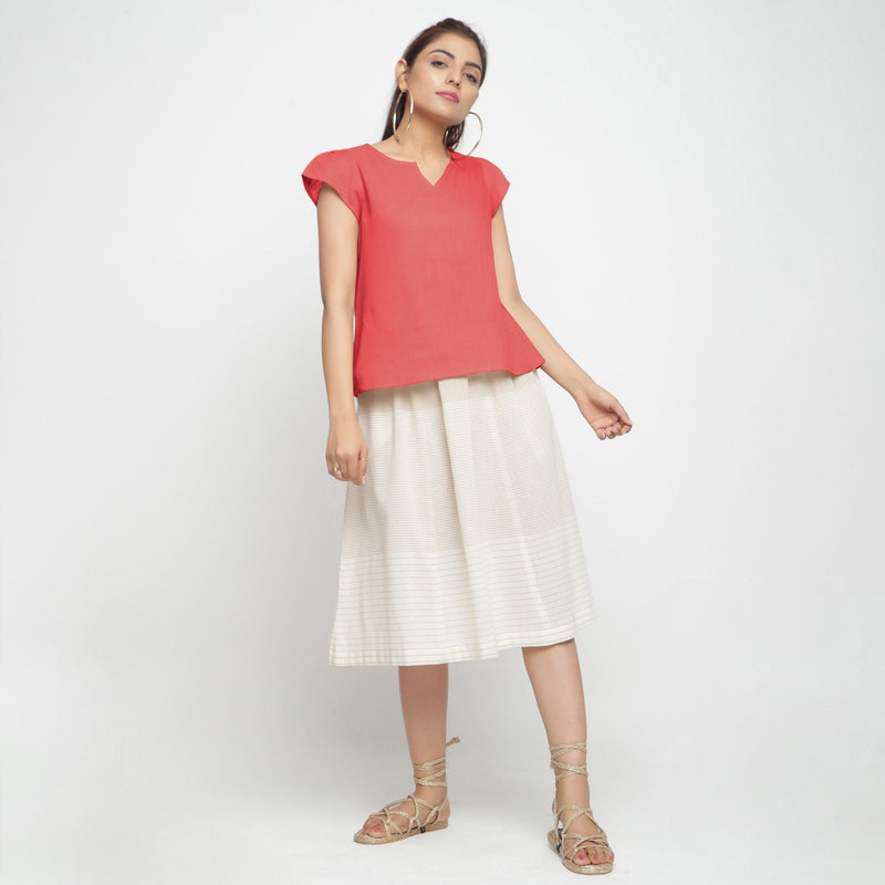 Front View of a Model wearing Pink Puff Sleeves Cotton A-Line Top