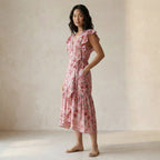 Pink-Red Floral Block Print Cotton Ruffle Midi Wrap Dress