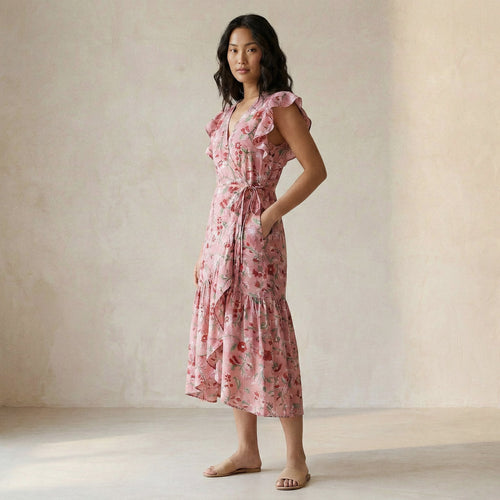 Pink-Red Floral Block Print Cotton Ruffle Midi Wrap Dress