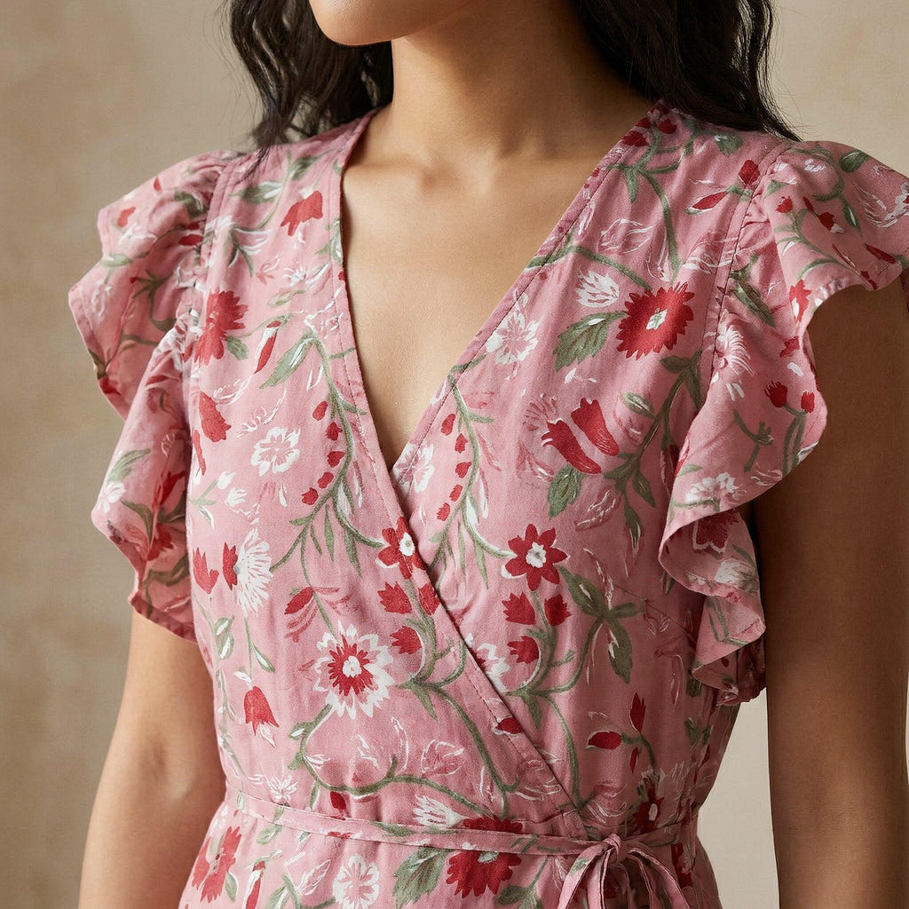 Pink-Red Floral Block Print Cotton Ruffle Midi Wrap Dress