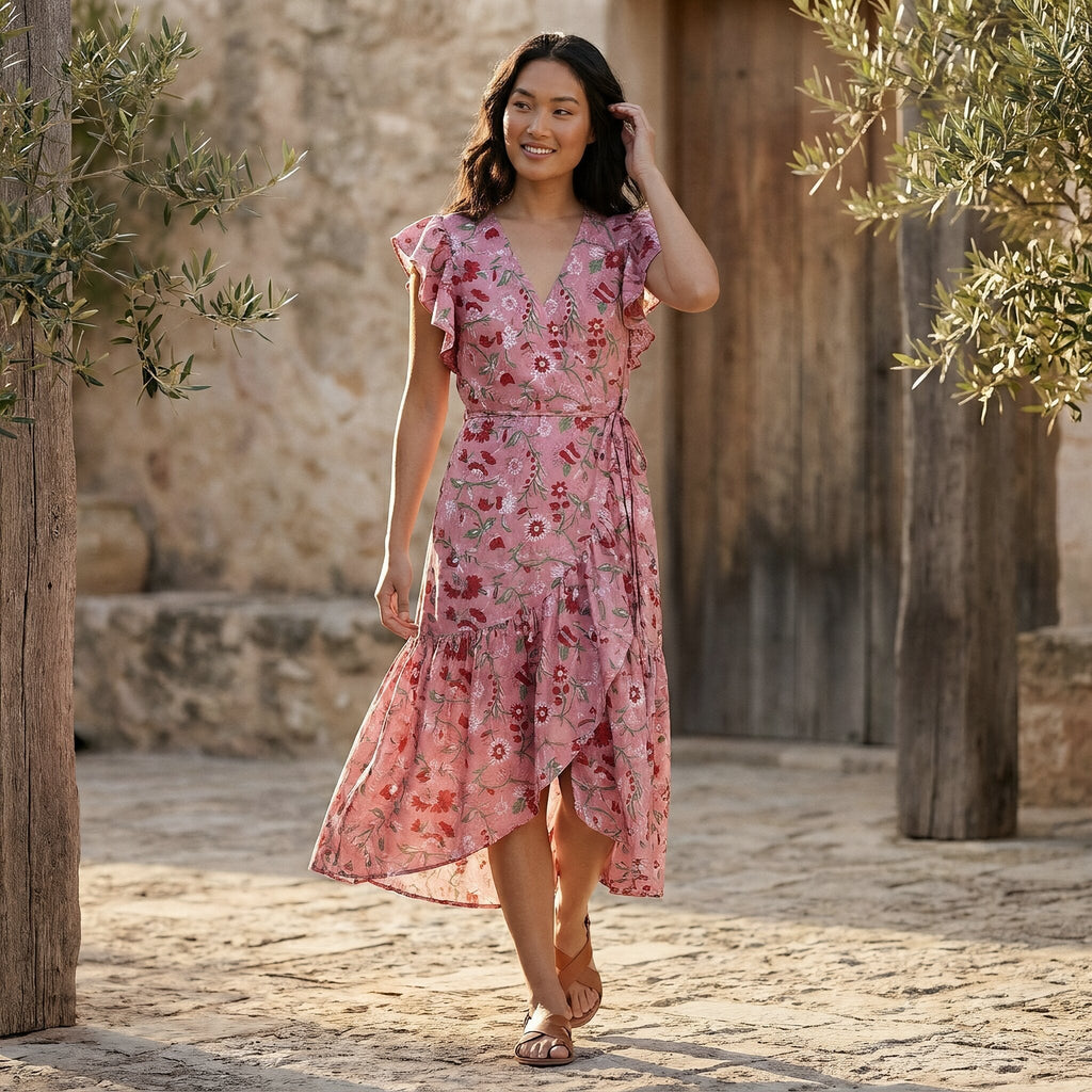 Pink-Red Floral Block Print Cotton Ruffle Midi Wrap Dress