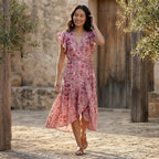 Pink-Red Floral Block Print Cotton Ruffle Midi Wrap Dress