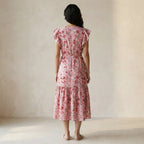 Pink-Red Floral Block Print Cotton Ruffle Midi Wrap Dress
